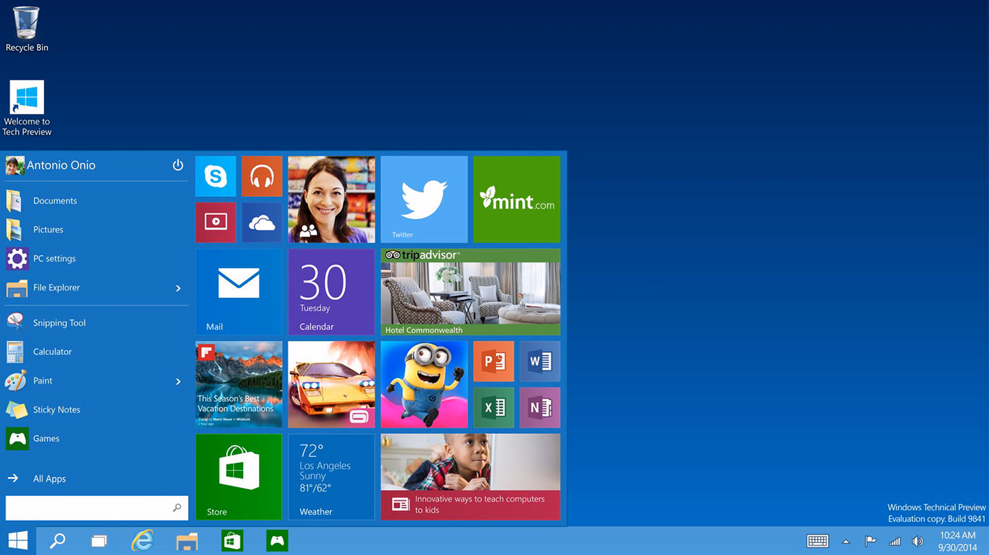 Windows 10 desktop and start menu