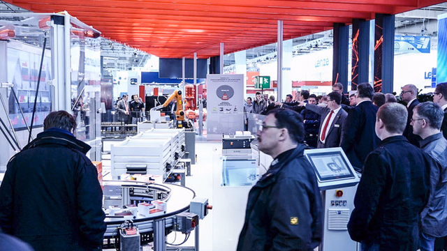 Visitors at SEW Industry 4.0 Exhibit at Hannover Messe 2015