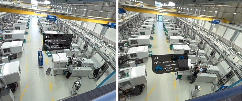 Positioning and alignment of the AR overlays in the machine hall – left before testing, right afterwards