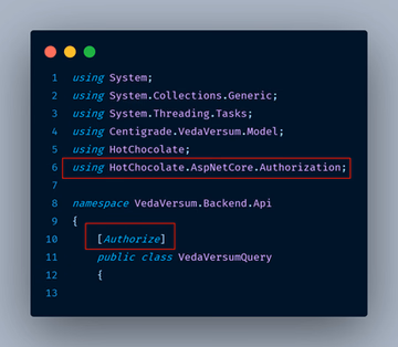 Add [Authorize] attribute to the VedaVersumQuery