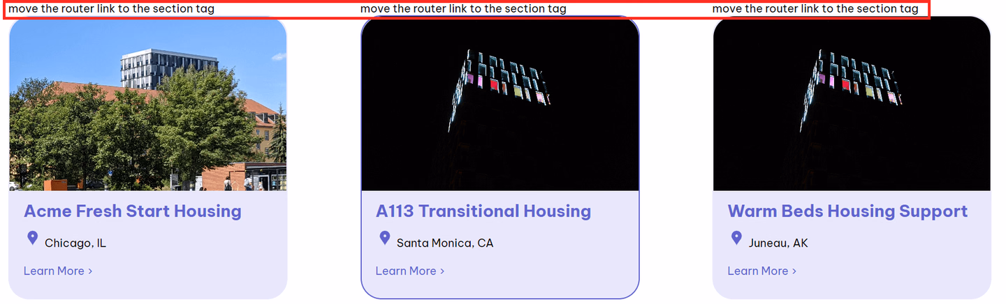 Section of the user interface of the application: You can see three real estate objects, each with the text "move the router link to the section tag" above it. The text is outlined in red.