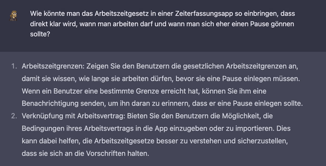 ChatGPT Frage Antwort 5 Ideen Zeiterfassungsapp